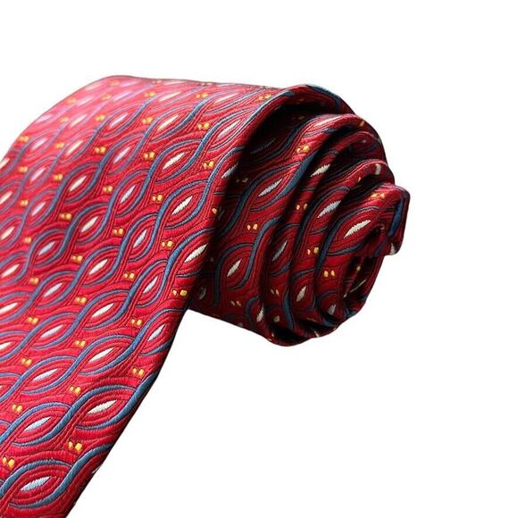 Jos A Bank Red Blue Mens 100% Silk Geometric Italy Mens Neck Tie 58" x 3.75" - Picture 2 of 16